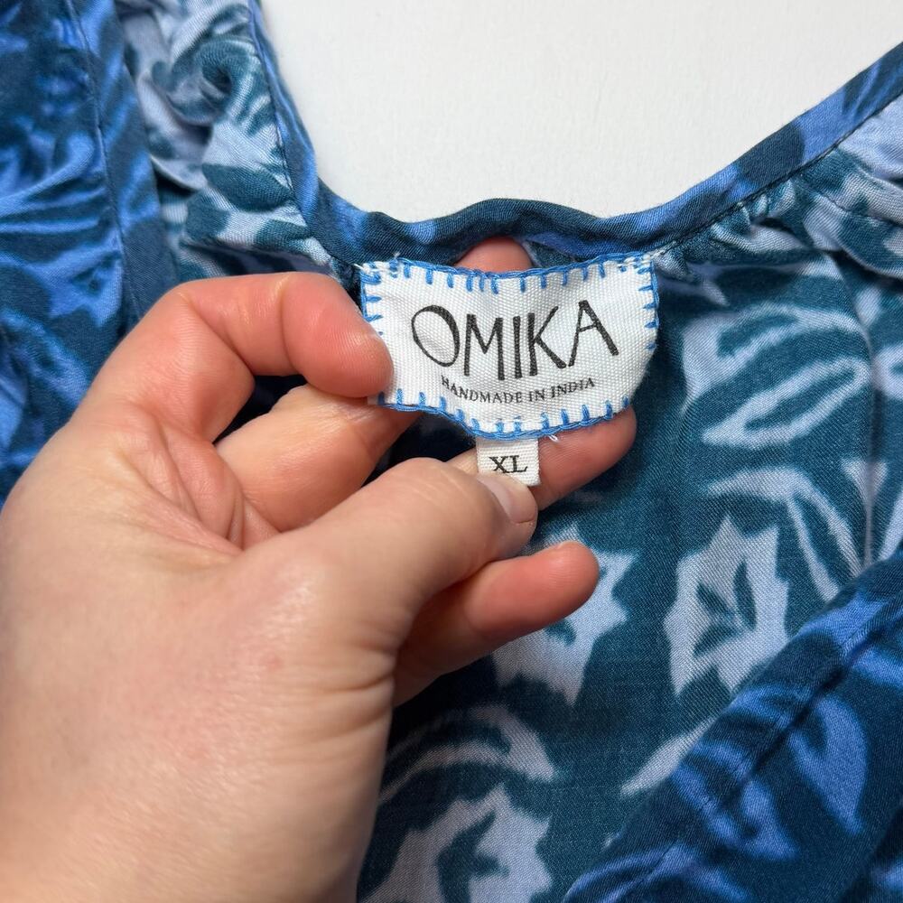 Omika Riviera Mini Dress XL Indigo Blue Print Boho Resort Kaftan Style - Picture 6 of 15
